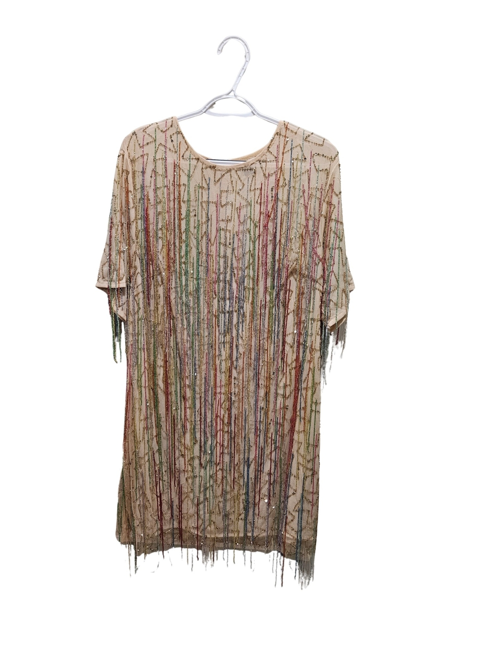 Nasty Gal Beige Sheer Mini Dress with Multicolor Beaded Tassels